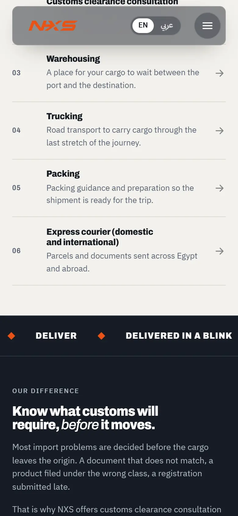 Further down the NXS Express home page on a phone